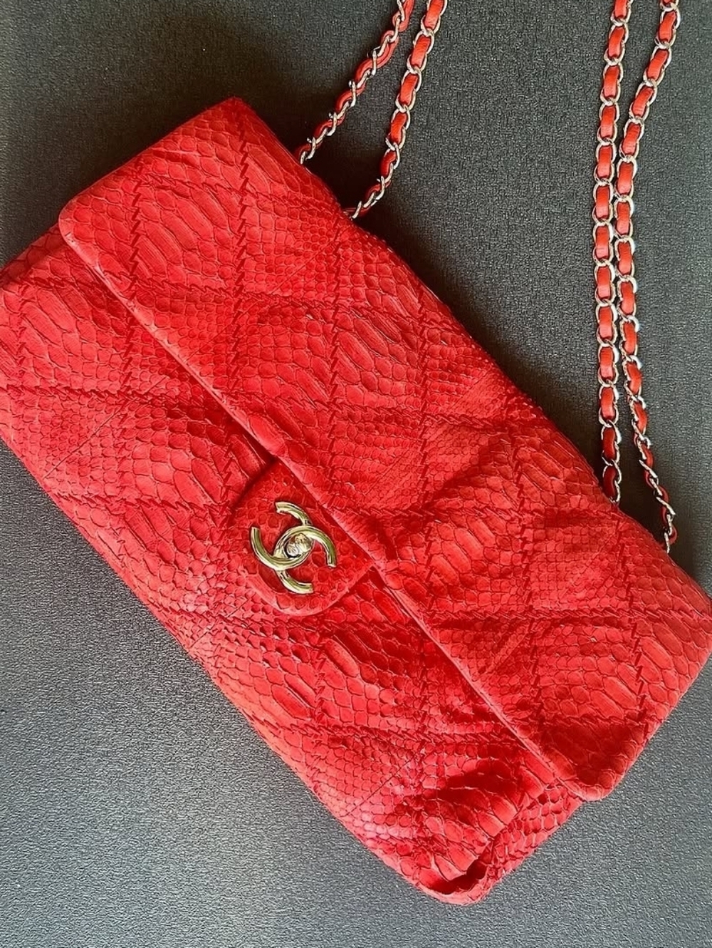 CHANEL Red Quilted Python Single Flap Shoulder Bag with Silver  Hardware .rare